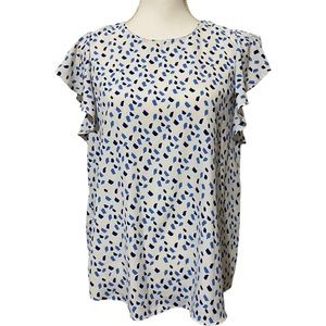 Naked Zebra Women's Medium White Blue Dotted‎ Speckled Short Sleeve Blouse Top